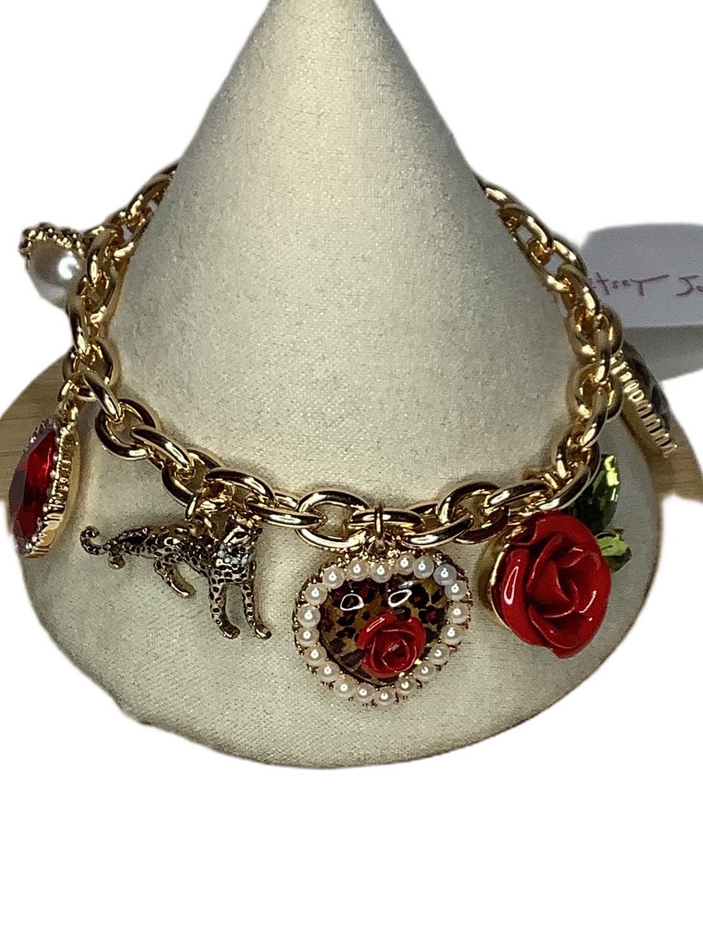 Betsey Johnson Leopard & Red Rose Multi Charm Bracelet New - Picture 2 of 5